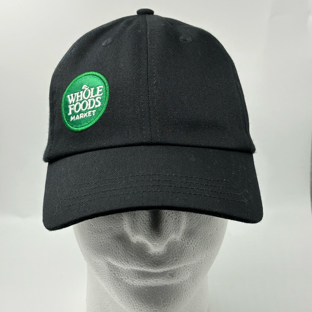 Whole Foods Market Adult Hat Black Green Logo Adjustable Strap Black Polyester.